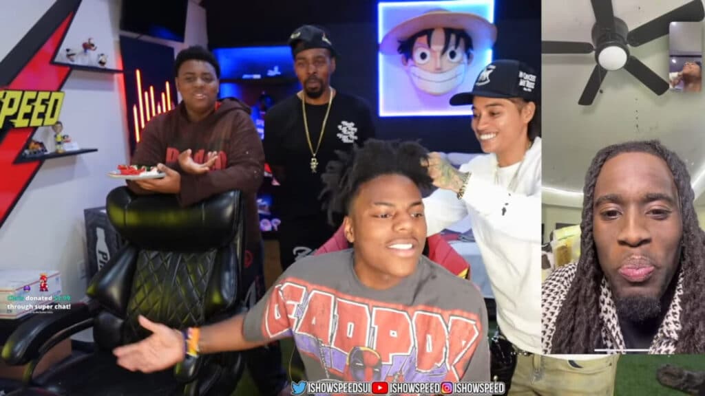 IShowSpeed, Kai Cenat, and Jamal talking about the platform during iShowSpeed's Twitch livestream (Screenshot via esports.gg)