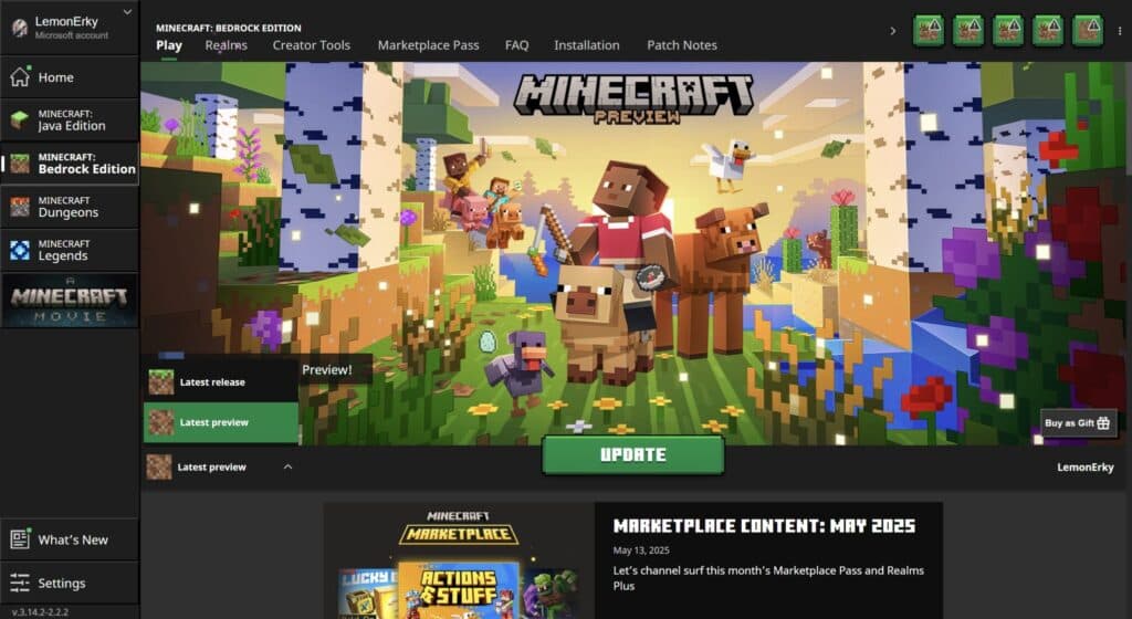 The Minecraft Bedrock Edition logo should have the word Preview below it. (Screenshot via esports.gg)