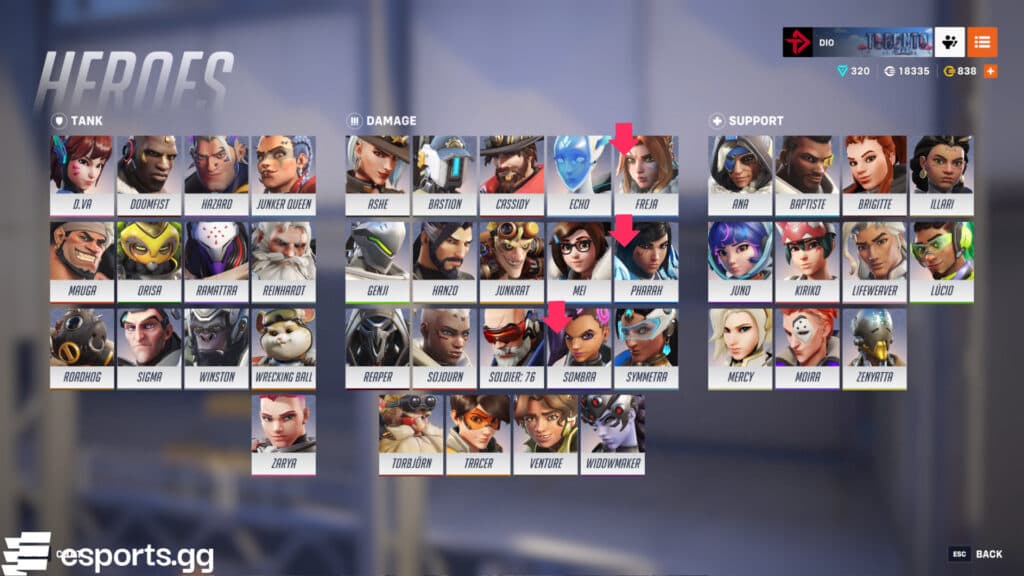 The May 20 Overwatch 2 patch notes feature nerfs to Freja, Pharah, and Sombra (Screenshot via esports.gg)