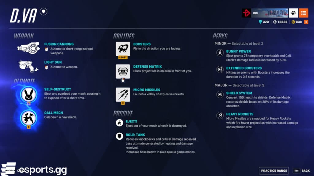 D.Va's kit (Screenshot via esports.gg)