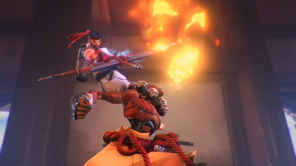 Zenyatta's Dhalsim victory pose in the Overwatch 2 Street Fighter 6 gameplay trailer (Image via Blizzard Entertainment)