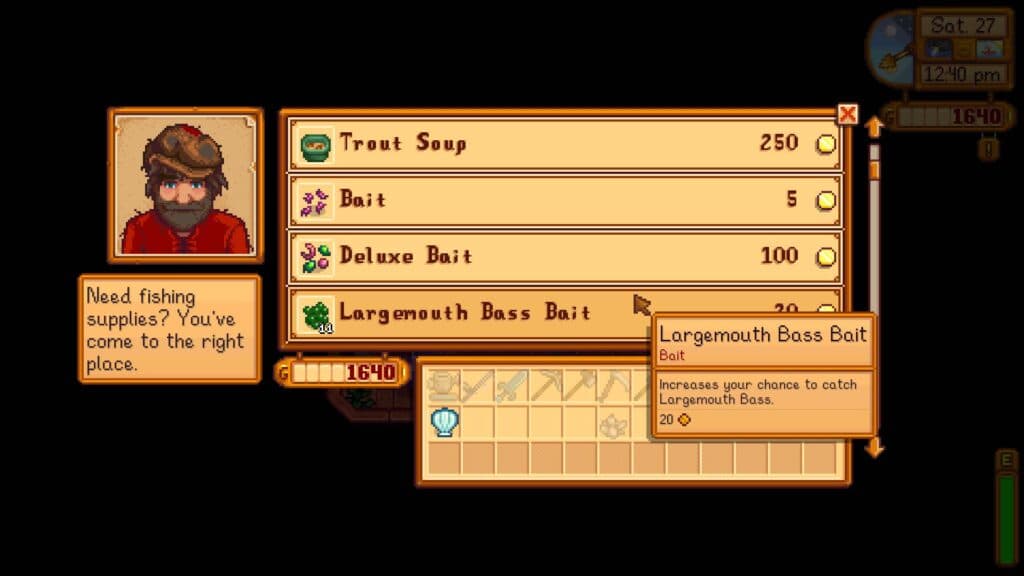 Purchasable baits at the Fishing Shop. (Screenshot via esports.gg)