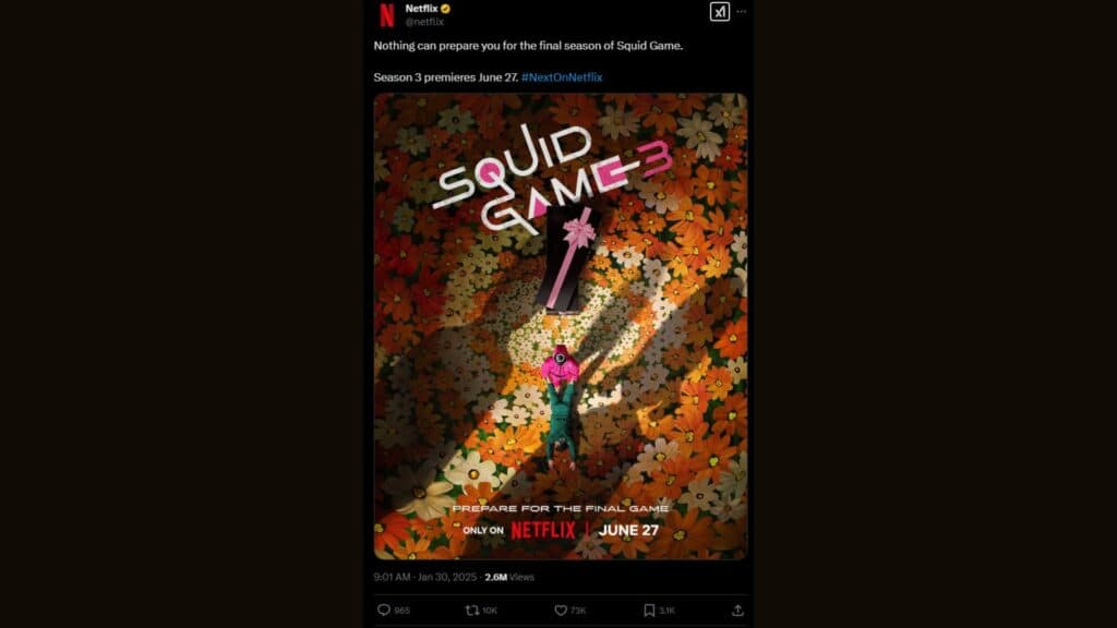 Squid Game Season 3 release date announcement (Screenshot via esports.gg)