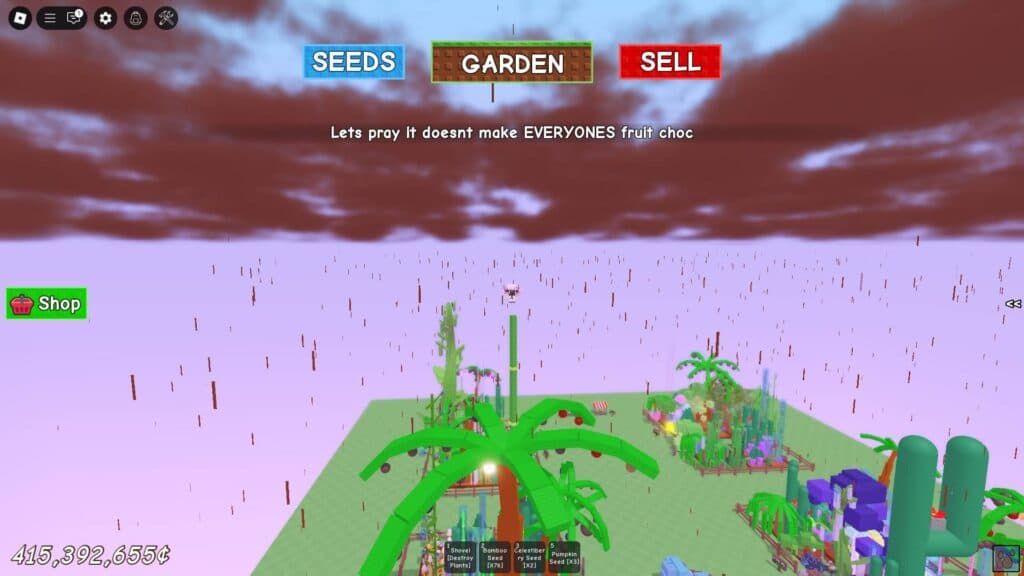 Grow a Garden admin triggers the Chocolate Rain in Grow a Garden. (Screenshot via esports.gg)