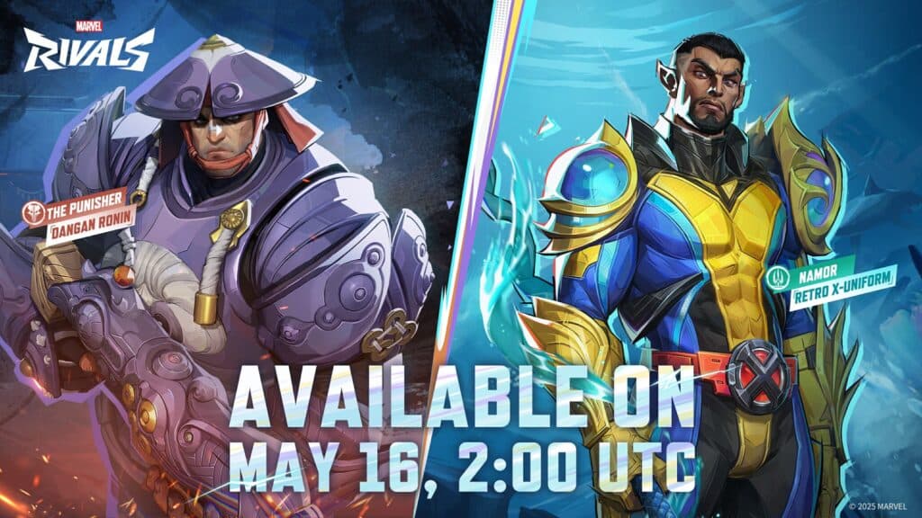 The Punisher's Dangan Ronin and Namor's Retro X-Uniform skins in Marvel Rivals (Image via NetEase Games)