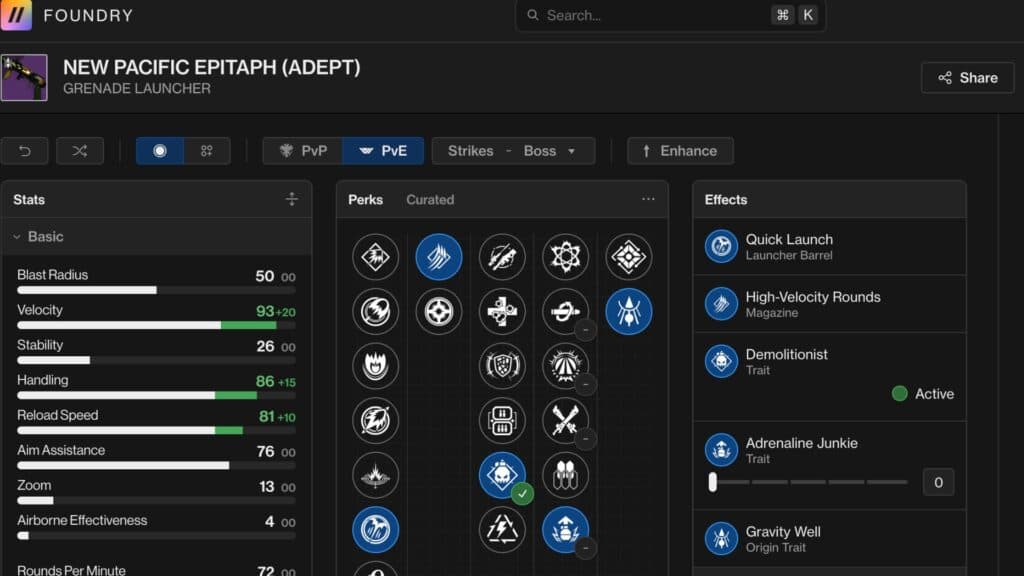 New Pacific Epitaph remains a solid pick for endgame PvE activities. (Screenshot by esports.gg via d2foundry)