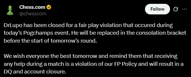 Chess.com's post saying that DrLupo was disqualified. (Image via Chess.com/X)