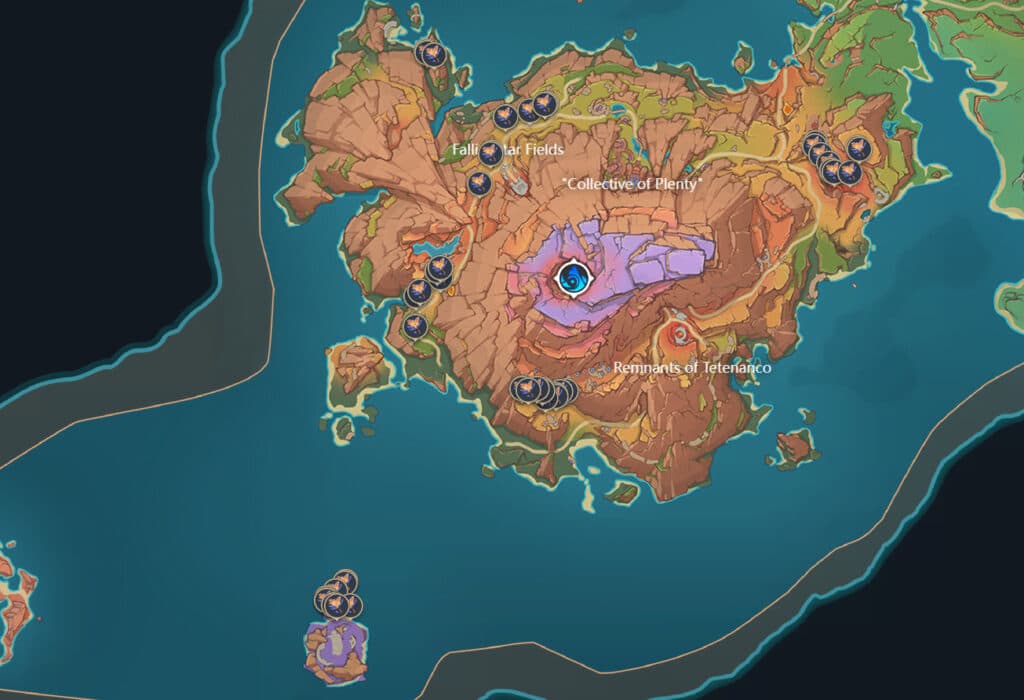 Skysplit Gembloom locations in Genshin Impact for Skirk's Ascension materials (Screenshot by esports.gg | Teyvat Interactive Map)