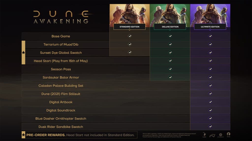 The three editions of Dune: Awakening. Image via Funcom