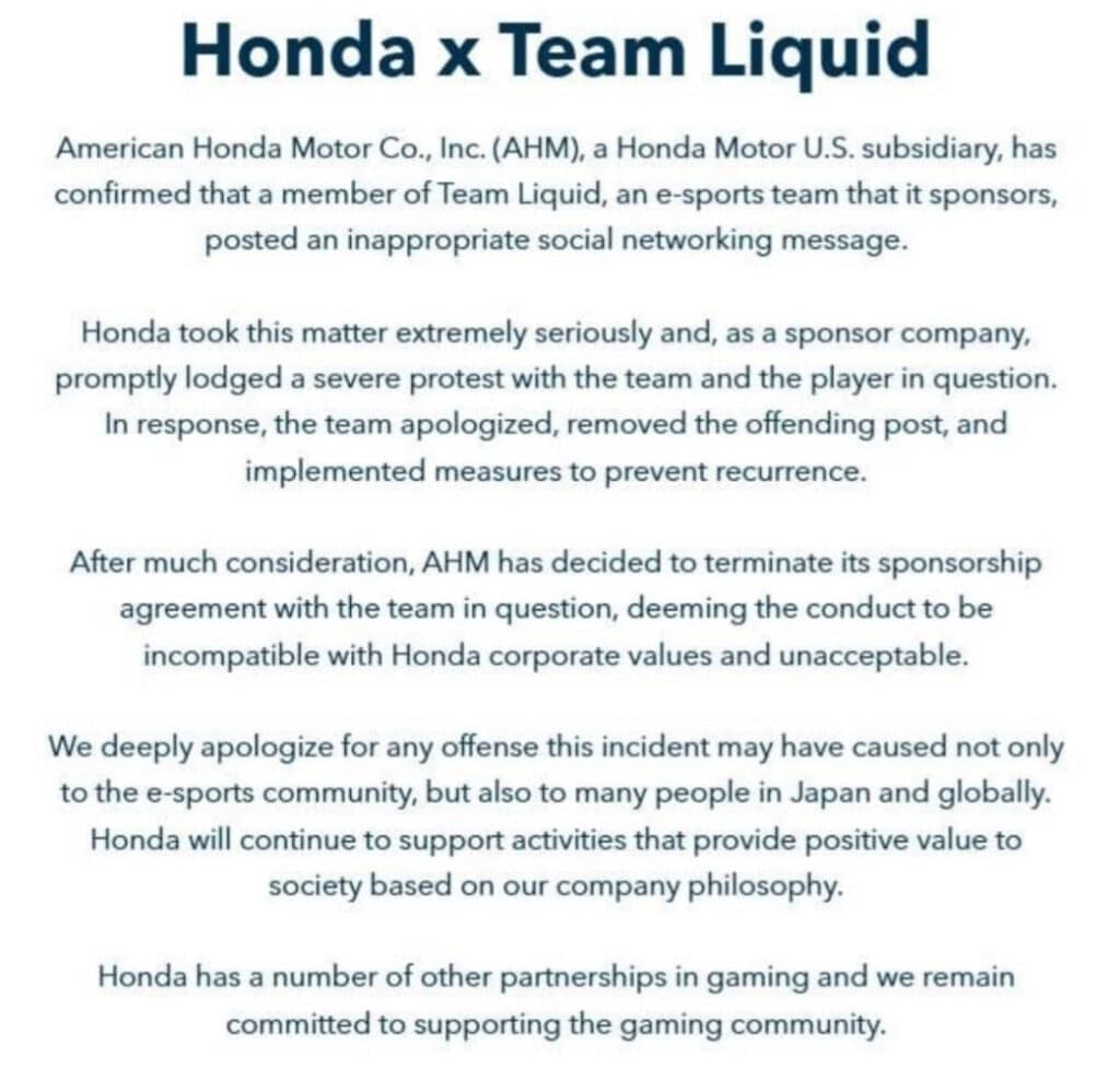 Honda's statement regarding their sponsorship of Team Liquid
