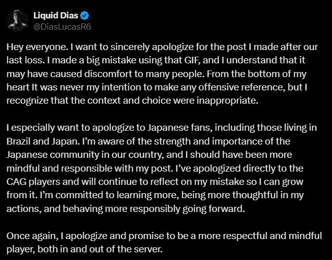 Dias' acknowledgment and apology (Screenshot via esports.gg)