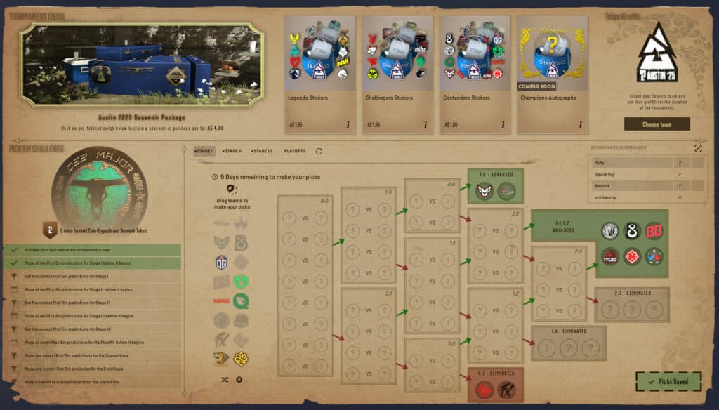 The Pick'Em Challenge sheet for the Austin Major. (Screenshot by esports.gg)