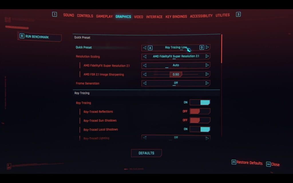 Cyberpunk 2077 defaulted to these settings on the Flow (Screenshot via esports.gg)