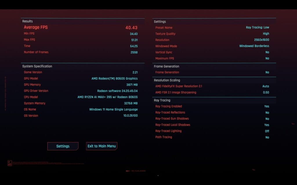 Results of the Cyberpunk 2077 benchmark on the ROG Flow Z13 (Screenshot via esports.gg)