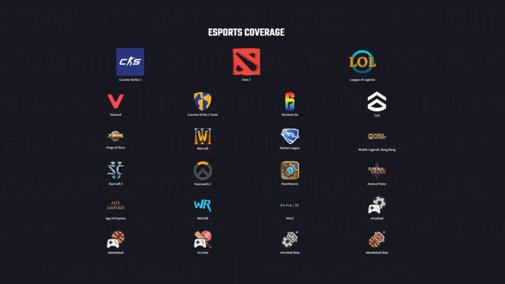 Screenshot of the games covered by Oddin.gg (Image via Oddin.gg)