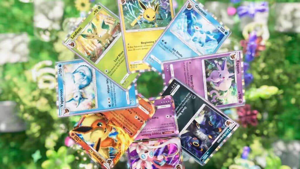 All Eeveelution cards in Pokémon TCG Pocket: Eevee Grove (Screenshot via The Official Pokémon YouTube Channel)