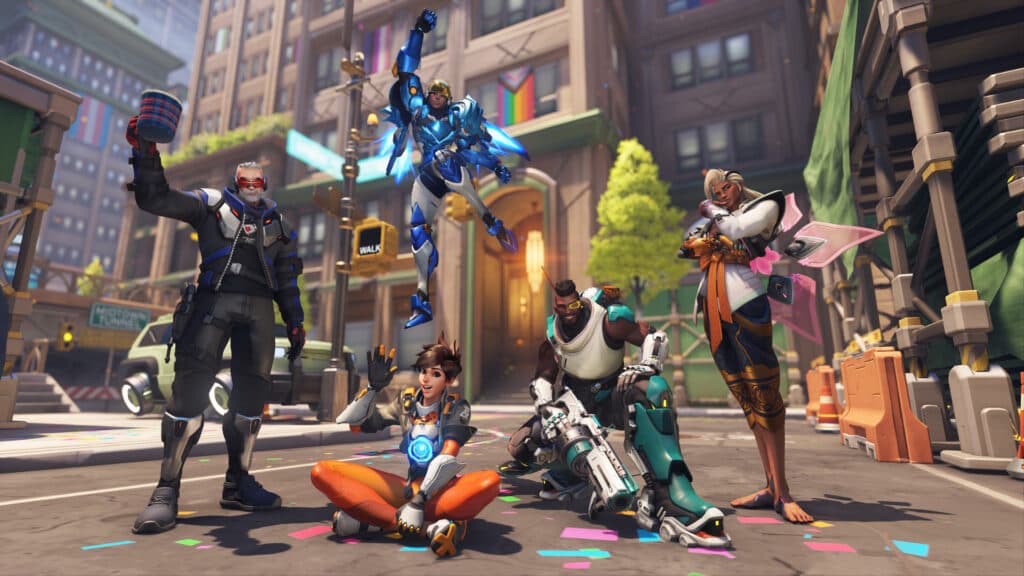 A screenshot of Soldier: 76, Pharah, Tracer, Baptiste, and Lifeweaver, who are LGBTQ+ heroes in Overwatch 2 (Image via Blizzard Entertainment)