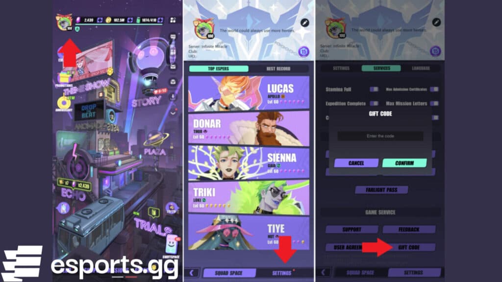 How to redeem Dislyte codes (Screenshots via esports.gg)