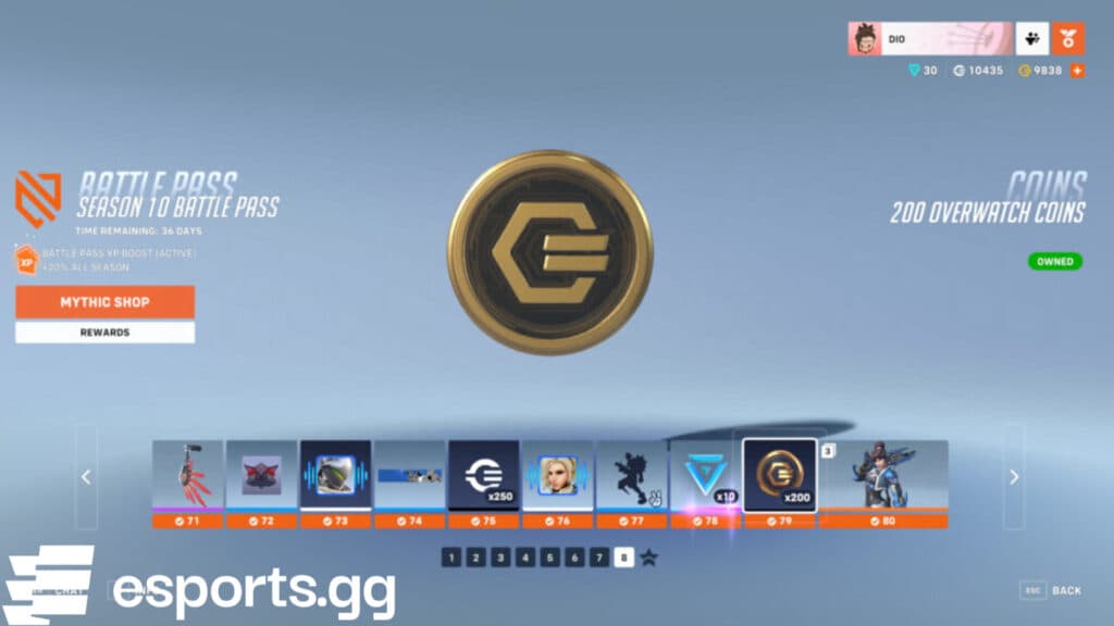Overwatch Coins in the Season 10 Battle Pass (Screenshot via esports.gg)
