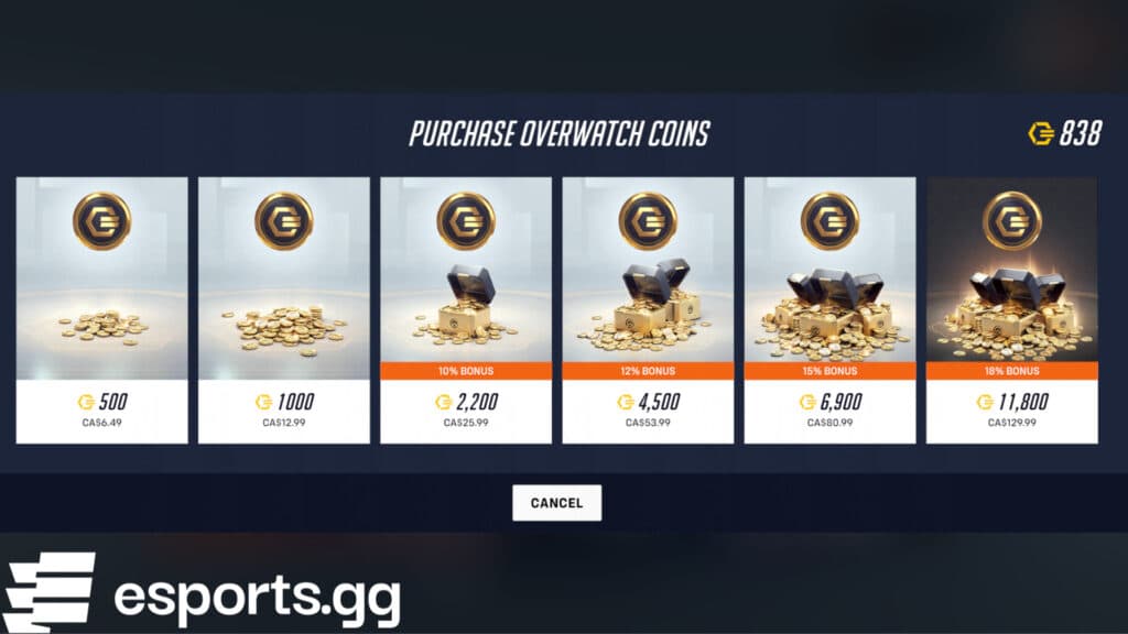 Overwatch Coins cost (Screenshot via esports.gg)