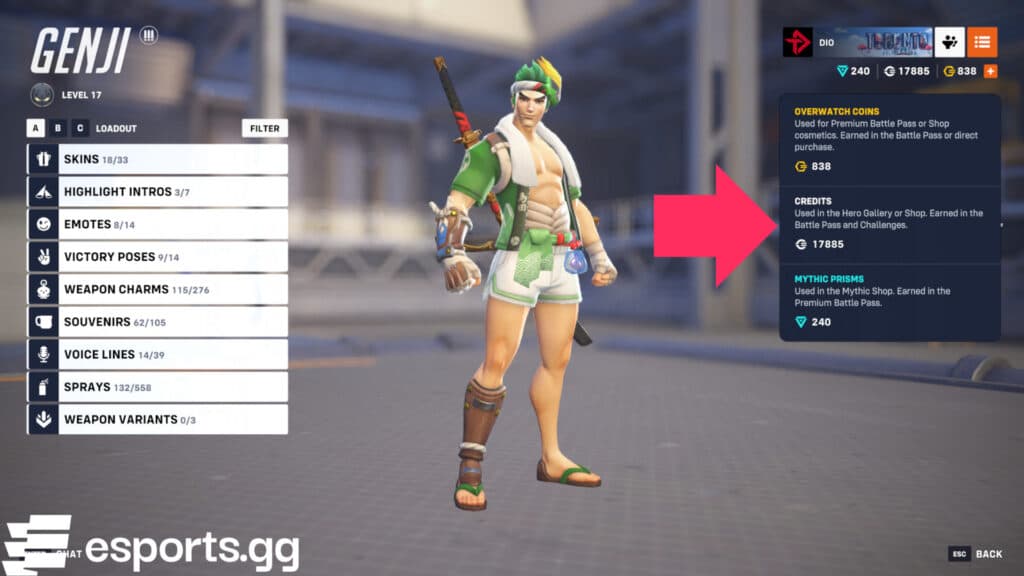 How to check how many Credits you have on your account (Screenshot via esports.gg)