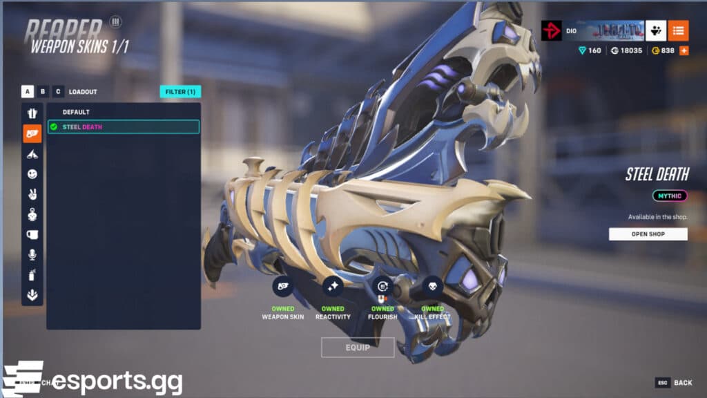 Reaper's mythic weapon skin in Overwatch 2 (Screenshot via esports.gg)