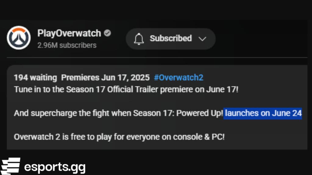 Overwatch 2 Season 17 release date (Screenshot via esports.gg)