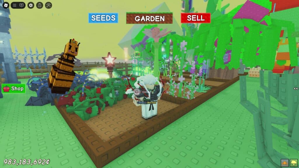 Queen Bee roaming around crops in Grow a Garden (Screenshot via esports.gg)