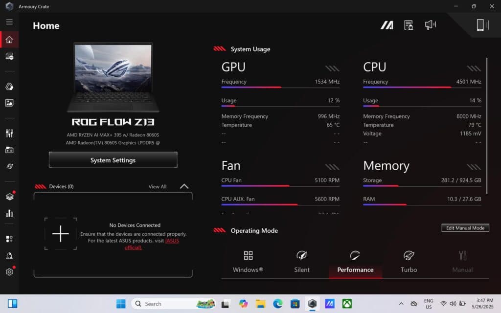 The Armoury Crate landing page (Screenshot via esports.gg)
