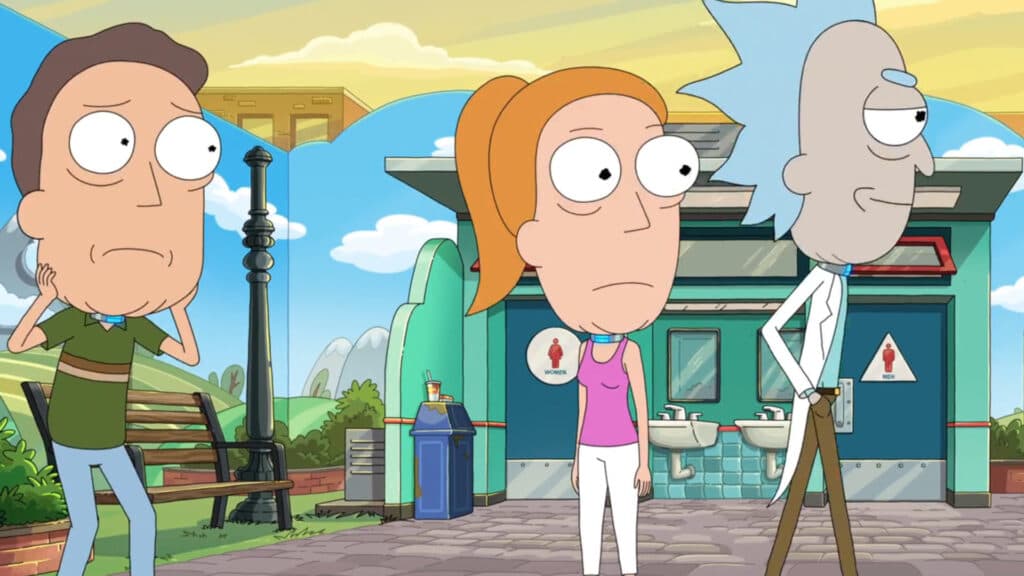 Jerry, Summer, and Rick in Earthworld (Image via Adult Swim)