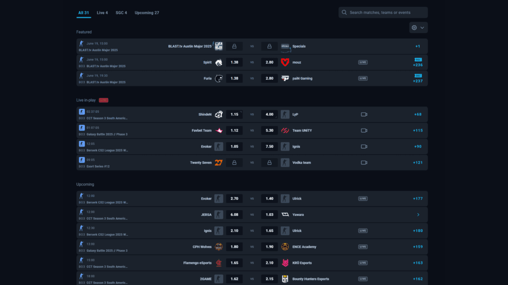 Thunderpick's CS2 esports betting page (Image via Thunderpick)