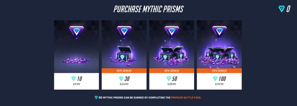 Mythic Prims store in euros (Screenshot by esports.gg)