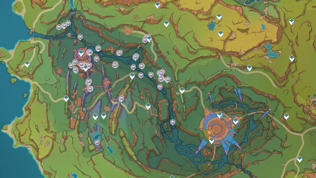 Glowing Hornshroom locations in Genshin Impact for Ineffa's ascension materials (Screenshot via esports.gg | Teyvat Interactive Map)