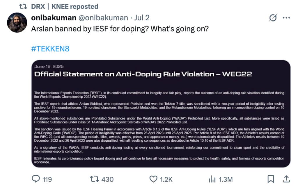 The tweet Knee retweeted relating to IESF's recent ruling originally posted on June 19