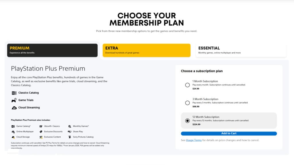 PlayStation Plus membership options (Screenshot via esports.gg)
