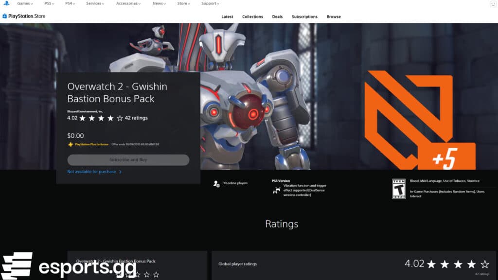 The latest Overwatch 2 PlayStation Plus bundle includes a free legendary skin for Bastion (Screenshot via esports.gg)