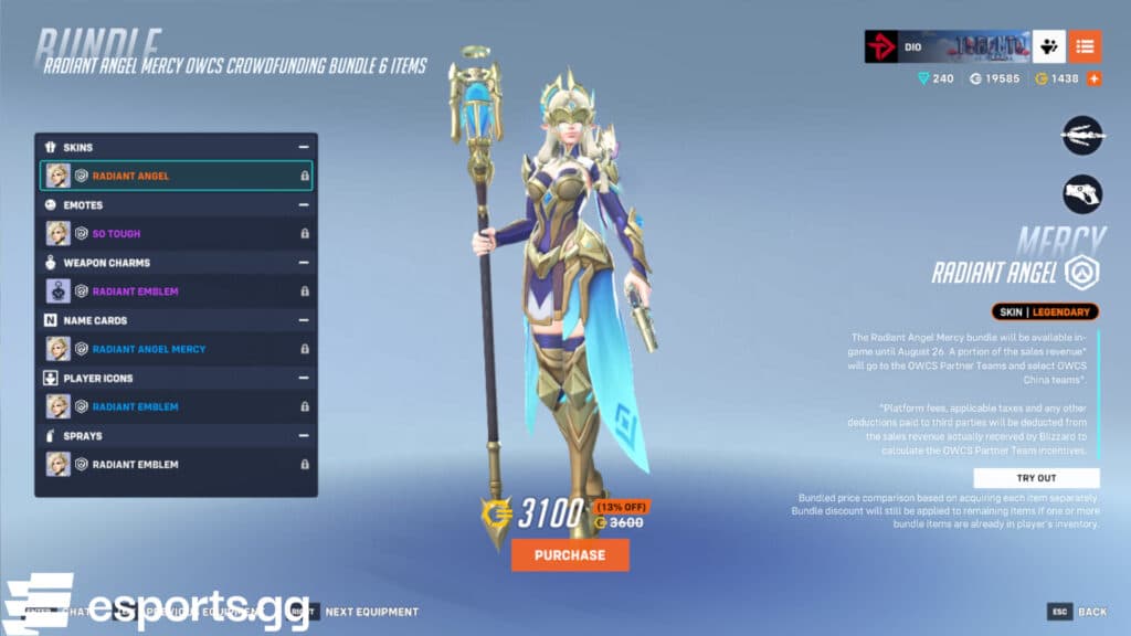 The Legendary Radiant Angel Mercy skin in Overwatch 2 (Screenshot via esports.gg)