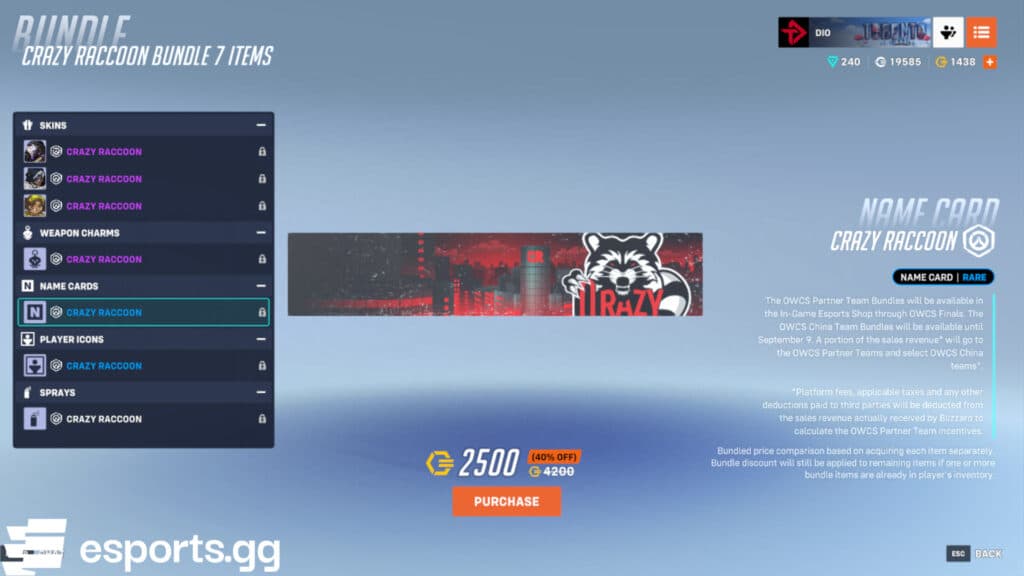 Crazy Raccoon cosmetics in Overwatch 2 (Screenshot via esports.gg)