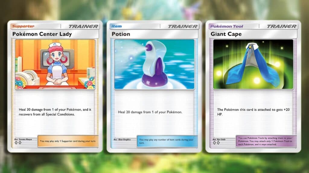Pokémon Center Lady, Potion, and Giant Cape cards (Image via esports.gg)