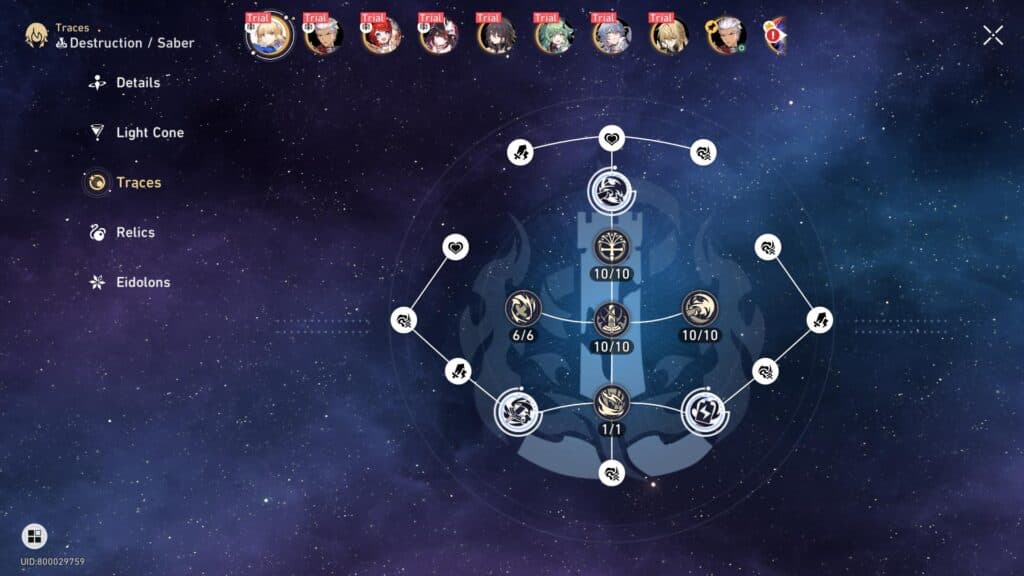 Saber's Trace build in Honkai Star Rail (Screenshot via esports.gg)