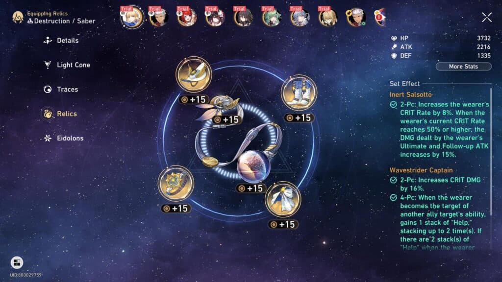 Saber's build: Relic and Planetary Sets (Screenshot via esports.gg)