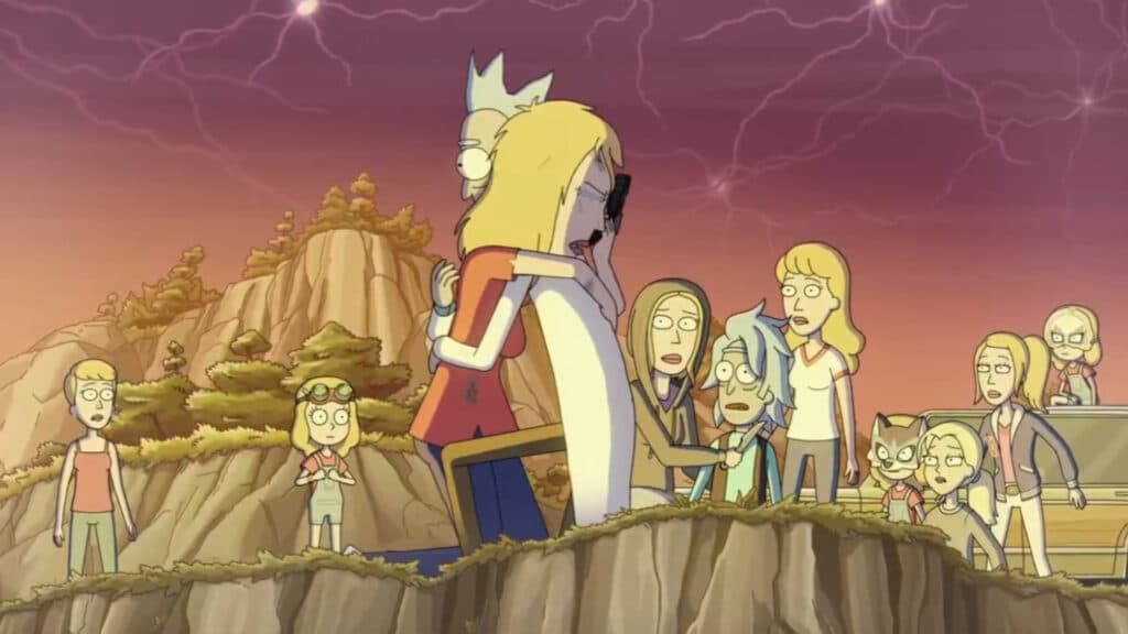 Rick C-137 hugging Beth C-131 while Memory Rick, Memory Diane, and multiple Memory Beths look on (Image via Adult Swim)