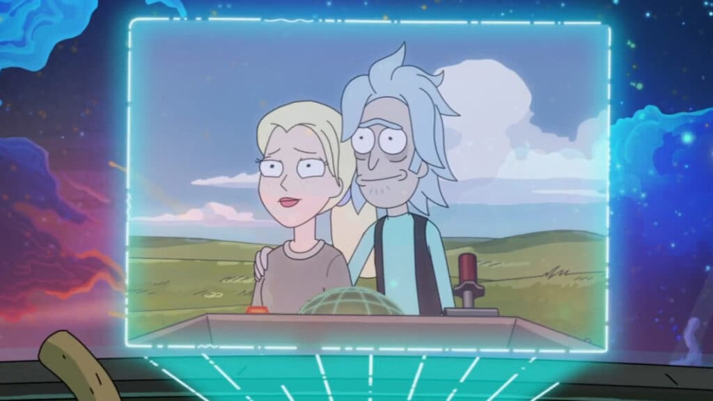 Memory Diane and Memory Rick within Rick C-137's 'ant farm' brain that gets blasted into space (Image via Adult Swim)