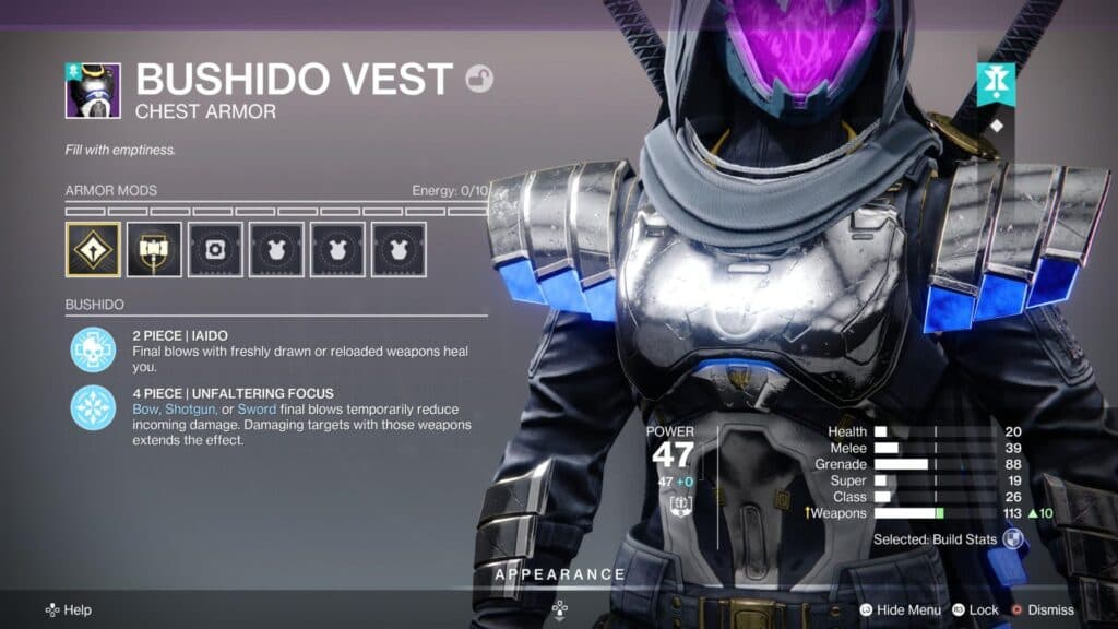 Equipping two pieces of Bushido armor will grant you healing from final blows. (Screenshot by esports.gg)