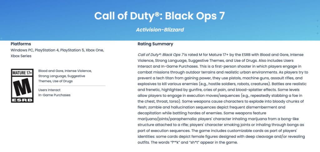 The ESRB rating description for Black Ops 7. Image via ESRB