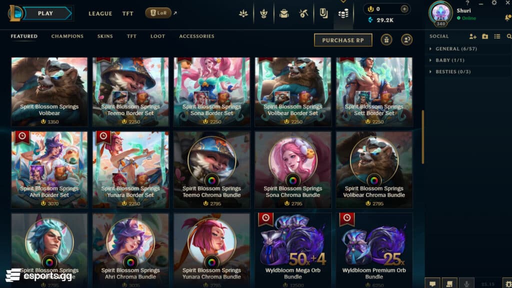 Spirit Blossom Springs skins in the League of Legends store (Screenshot by esports.gg)