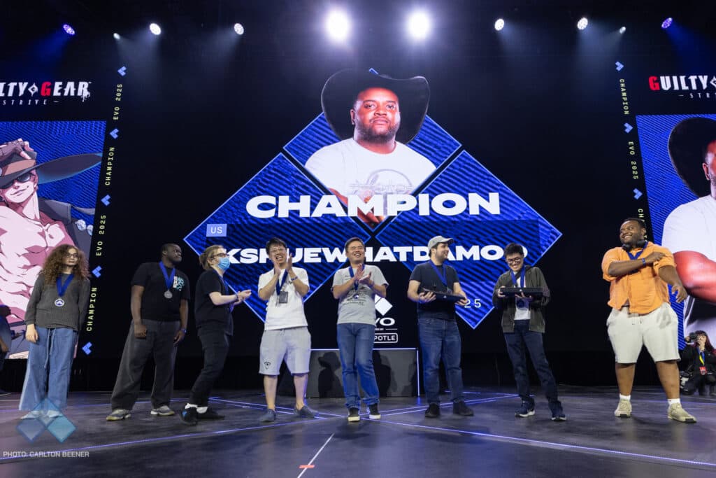 The top 8 players at GGST EVO 2025 (photo via Evo)