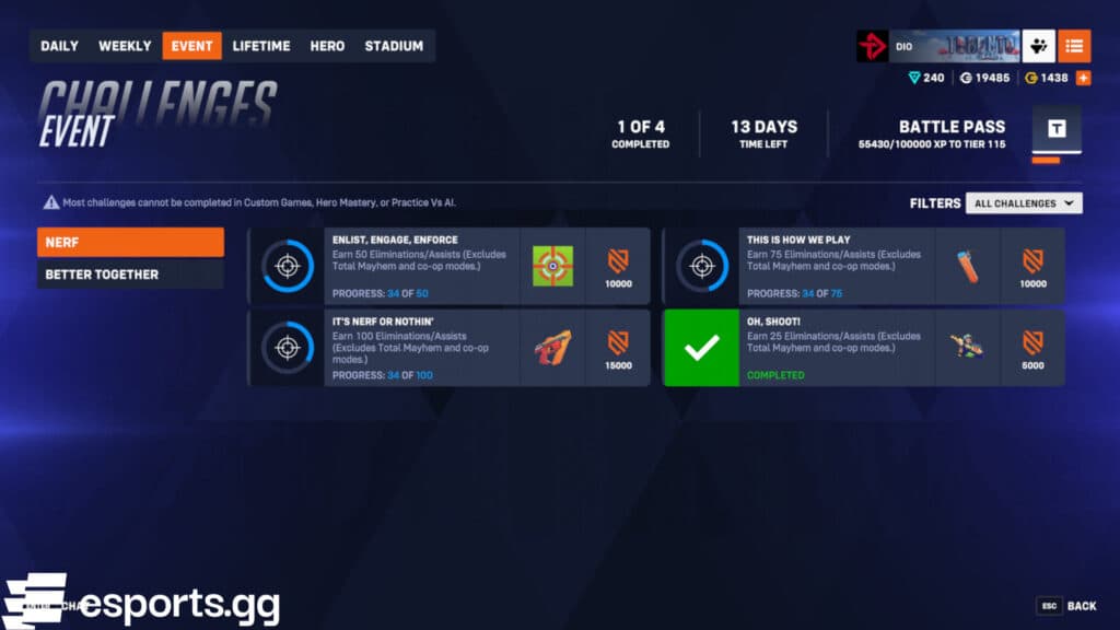 Overwatch 2 Nerf event challenges and rewards (Screenshot via esports.gg)