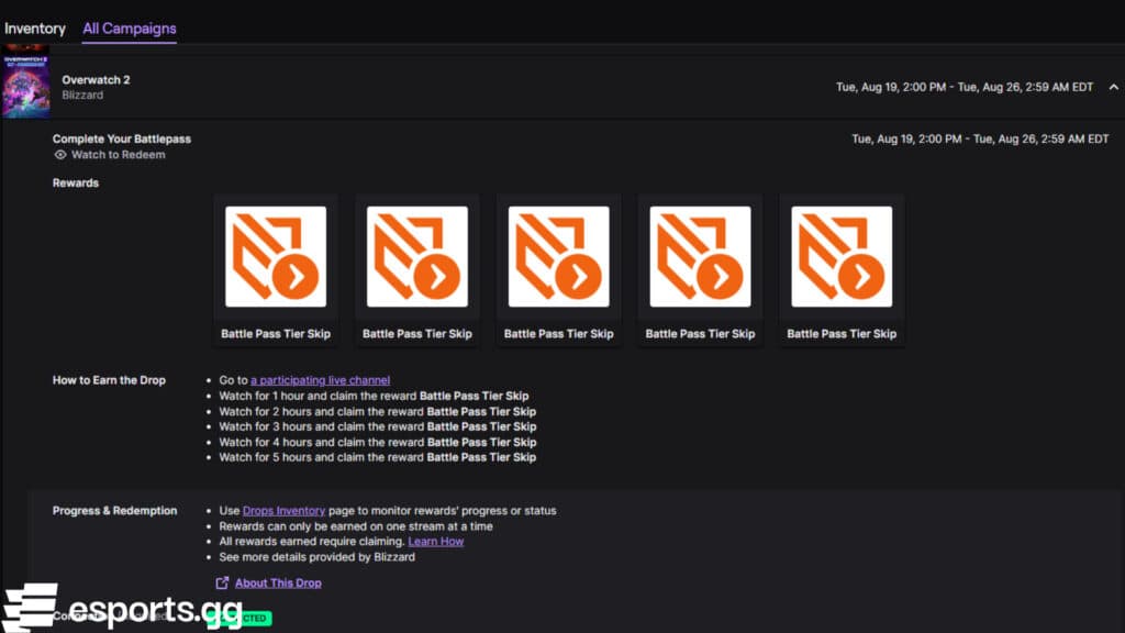 Free Overwatch 2 Twitch Drops ahead of Season 18 (Screenshot via esports.gg)