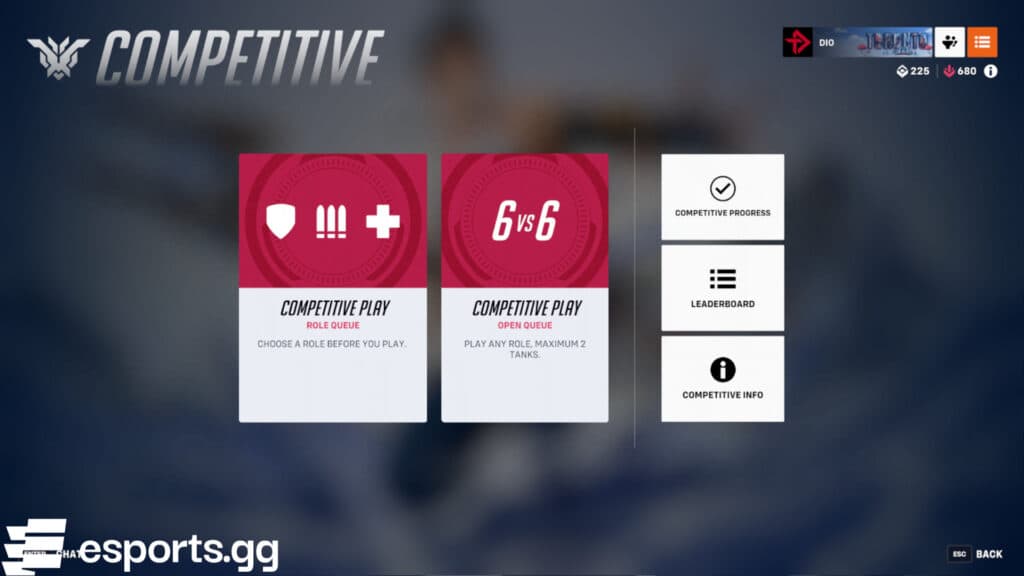 Competitive Play Role Queue and Open Queue in Overwatch 2 (Screenshot via esports.gg)
